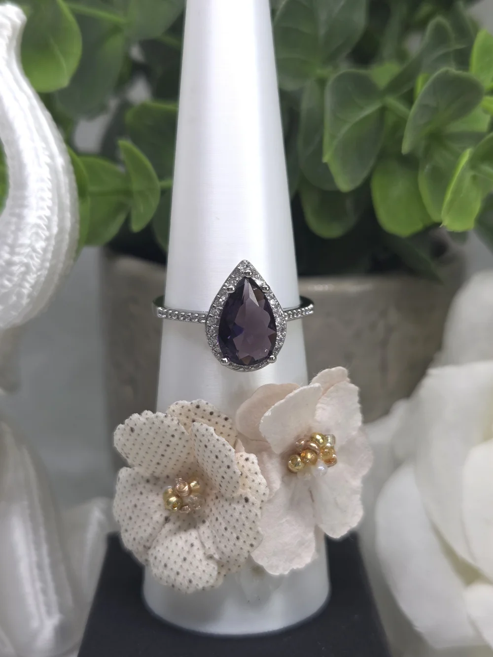 Silver Tone Pear-Cut Amethyst Halo Ring